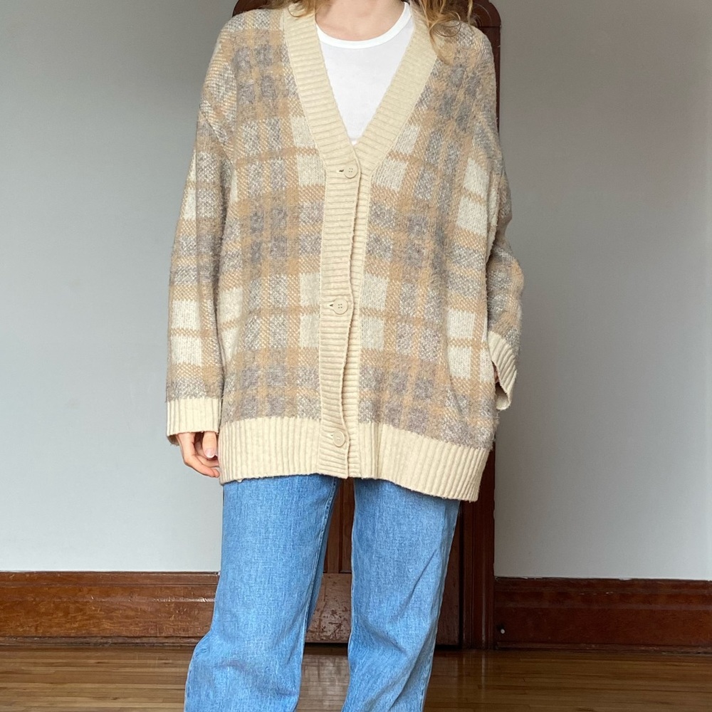 Oak + Fort neutral plaid oversized grandpa style cardigan